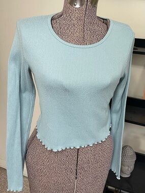 American Eagle Outfitters Light Blue Ribbed Long-Sleeve Cropped Top
